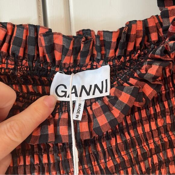 Ganni Smocked Gingham Midi Dress Orange and Black Sleeveless Dress NWT - Picture 8 of 16